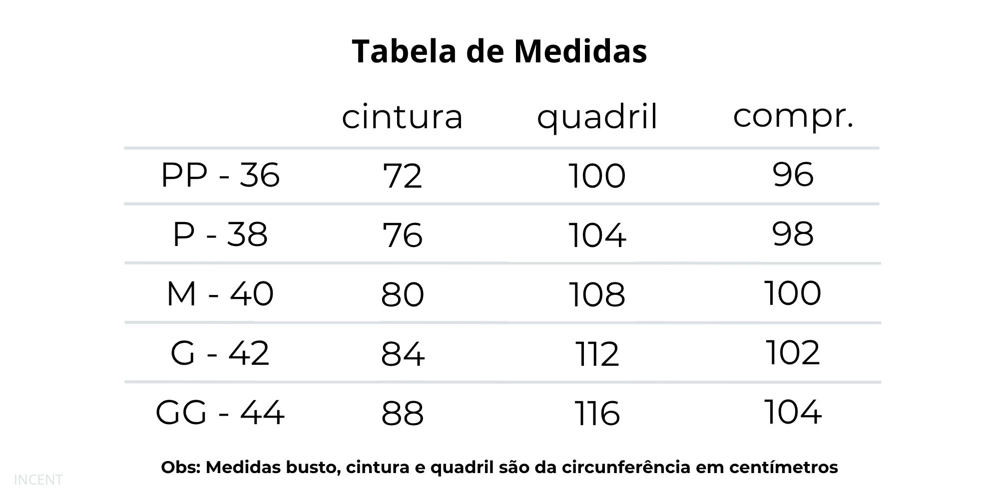 tabela de medidas